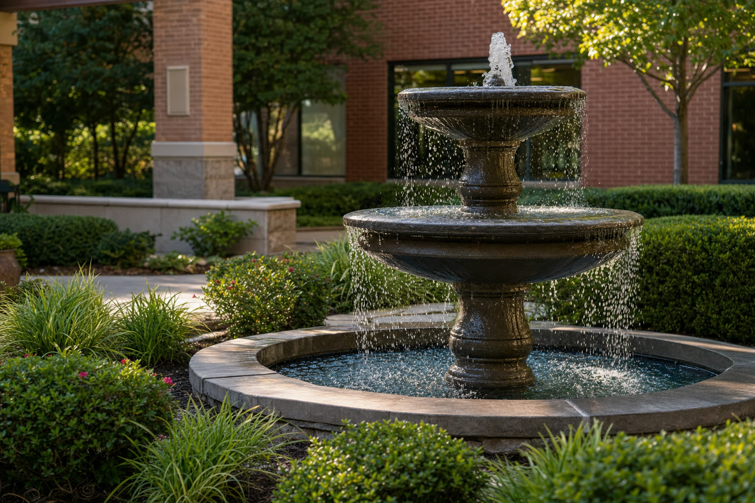 Tiered stone fountain in a landscaped commercial courtyard with clean, clear water