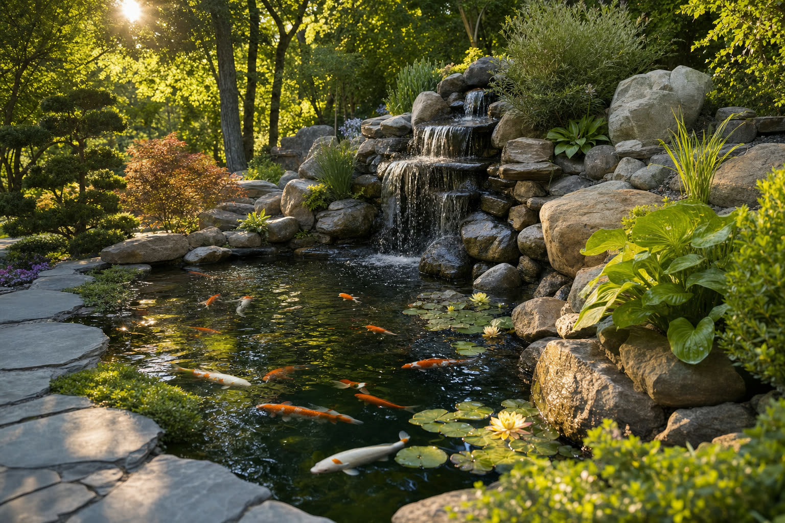 Backyard koi pond with a stacked stone waterfall in warm late afternoon light