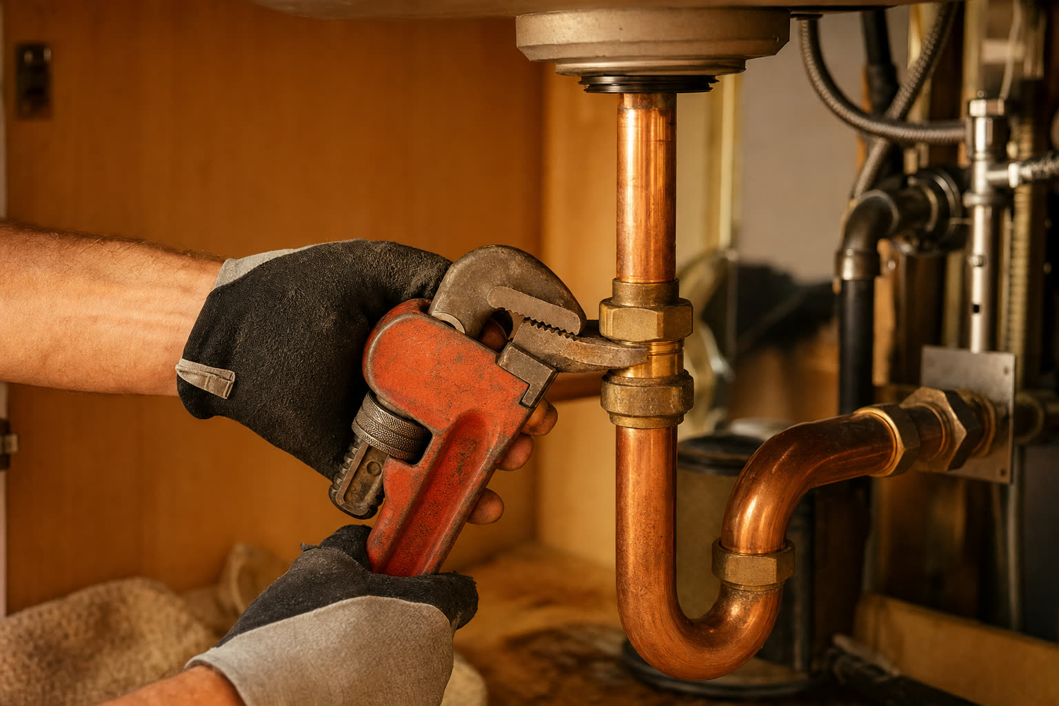 Gloved hands turning a pipe wrench on copper supply lines under a sink