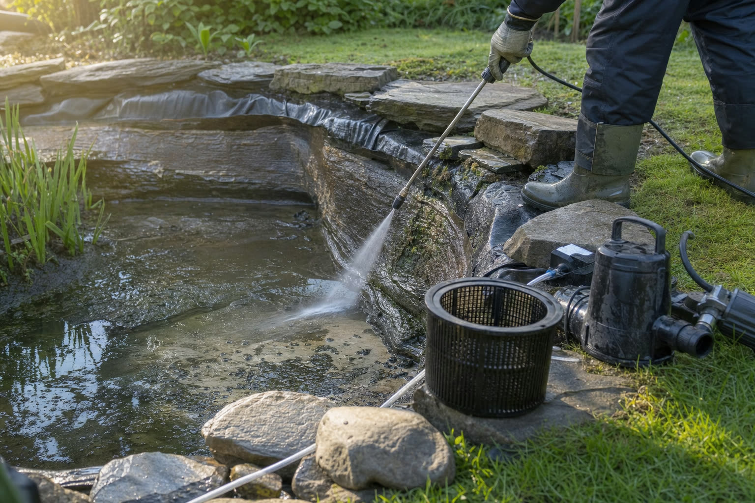 Partially drained garden pond being rinsed during a full cleanout, pump and skimmer basket on the grass